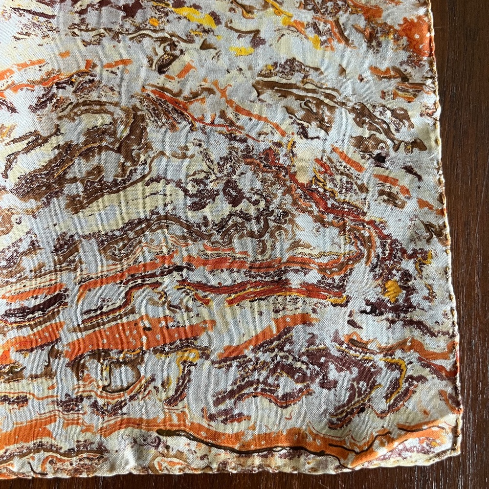 Vintage Hand-Marbled Silk Orange & Brown Scarf from India - Picture 3 of 6